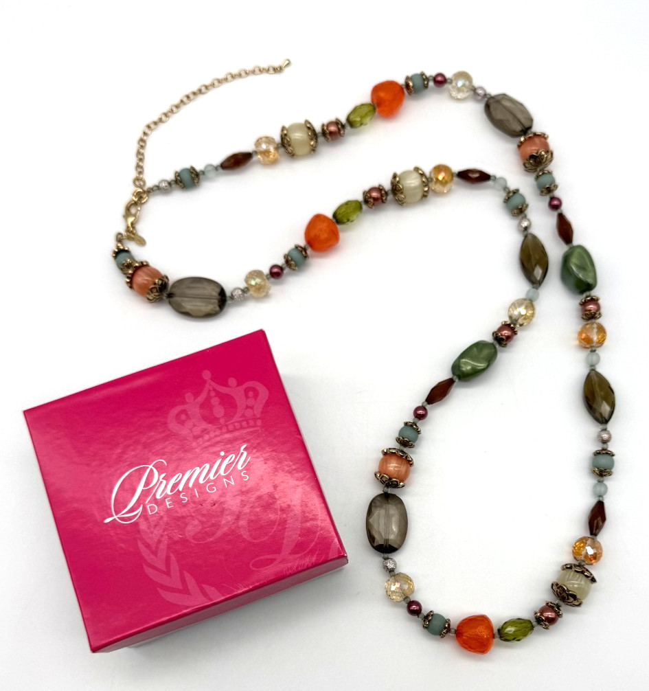Premier Designs Necklace 36″- 40″ “Shades of Chic” Autumn Colors Original Box
