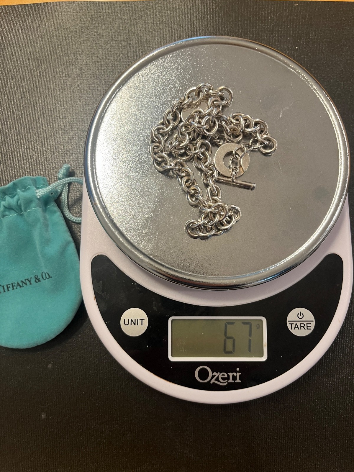 Tiffany & Co Sterling Silver 925 Heart Tag 16″ Toggle Necklace & Pouch
