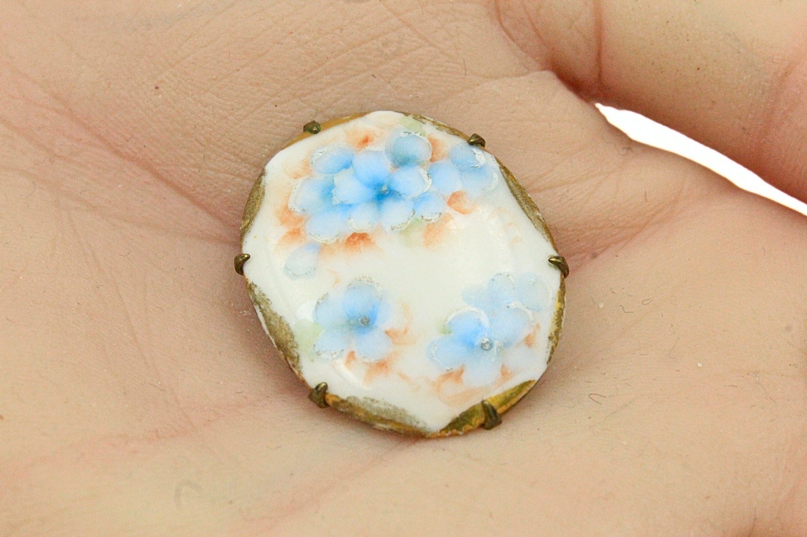 Antique Victorian Brass Hand-Painted Porcelain Soft Blue and Peach Floral Brooch