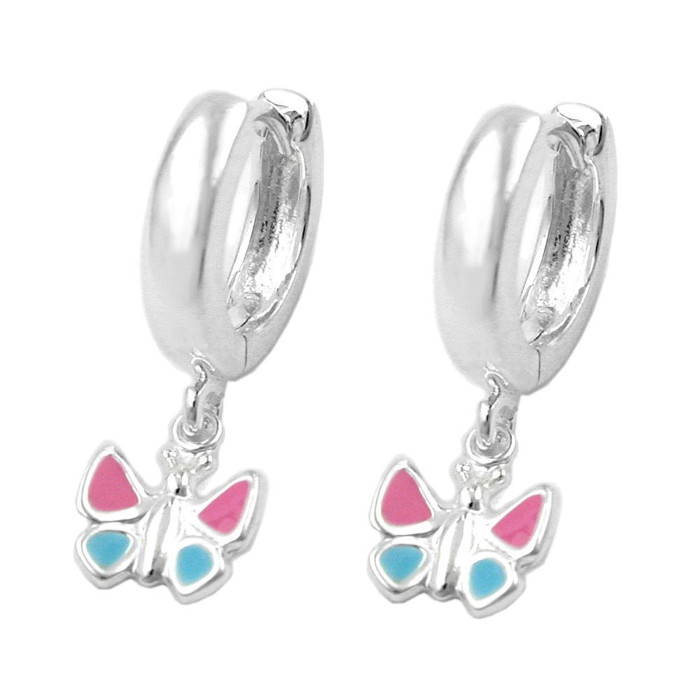 Silver 925 Kids Hoop Earrings 22x3mm Hinged Hinge Butterfly Coloured Painted