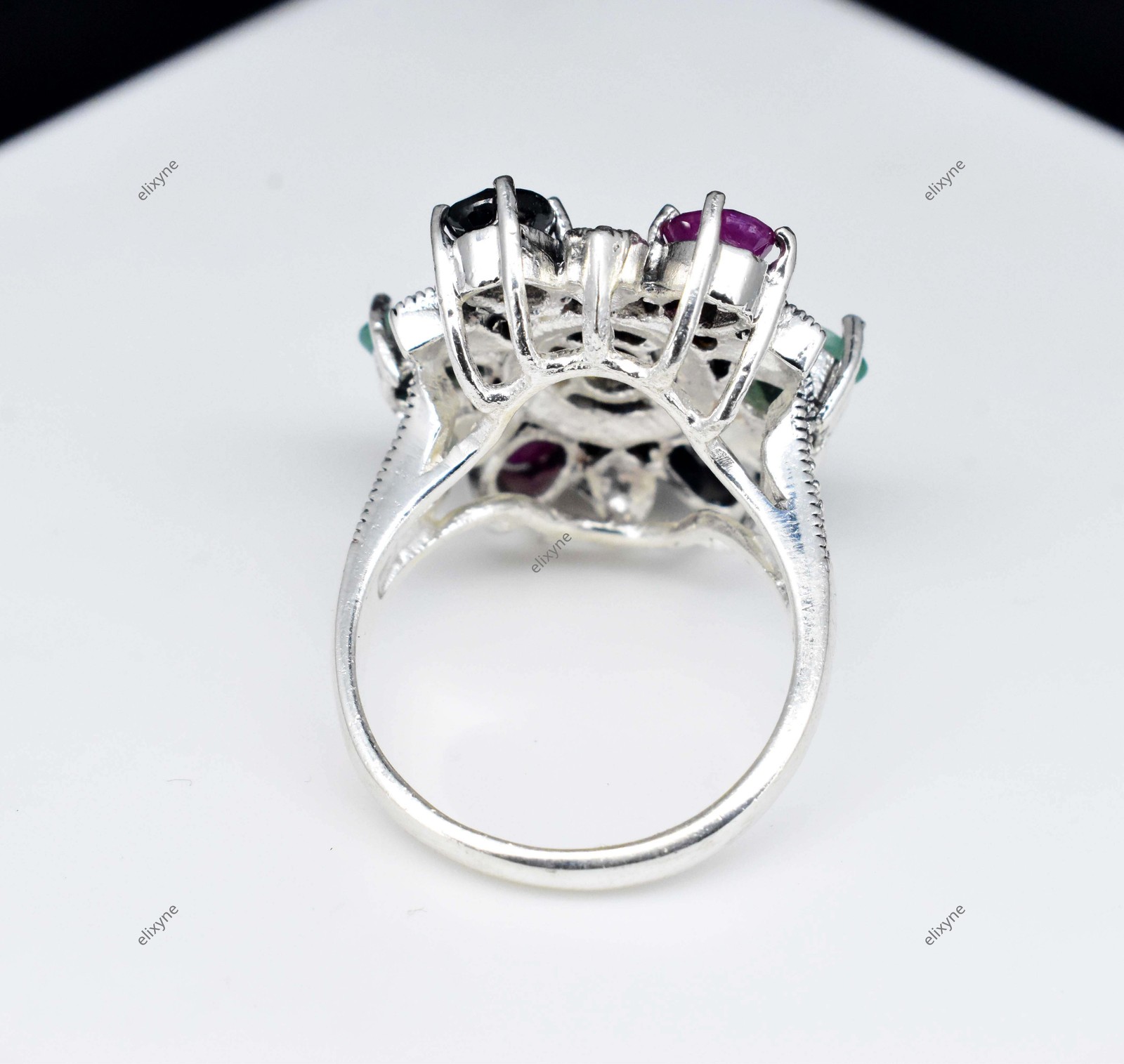 100% Natural Ruby Emerald & Sapphire 10.77 Gm 925 Sterling Silver Ring US 5.9