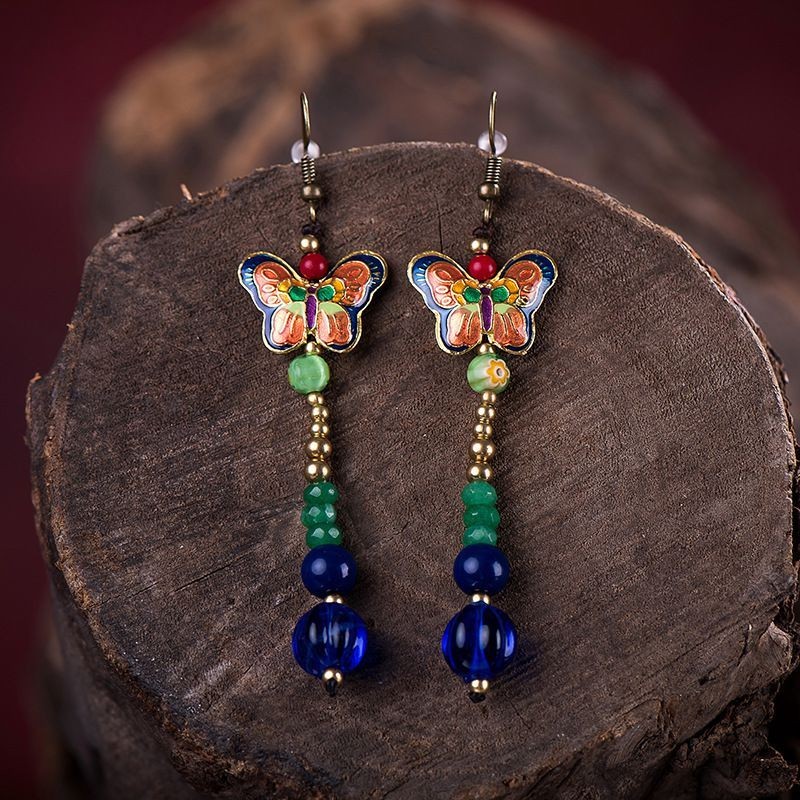 New Enamel Butterfly Earrings Glass Drop Dangle Long Ethnic