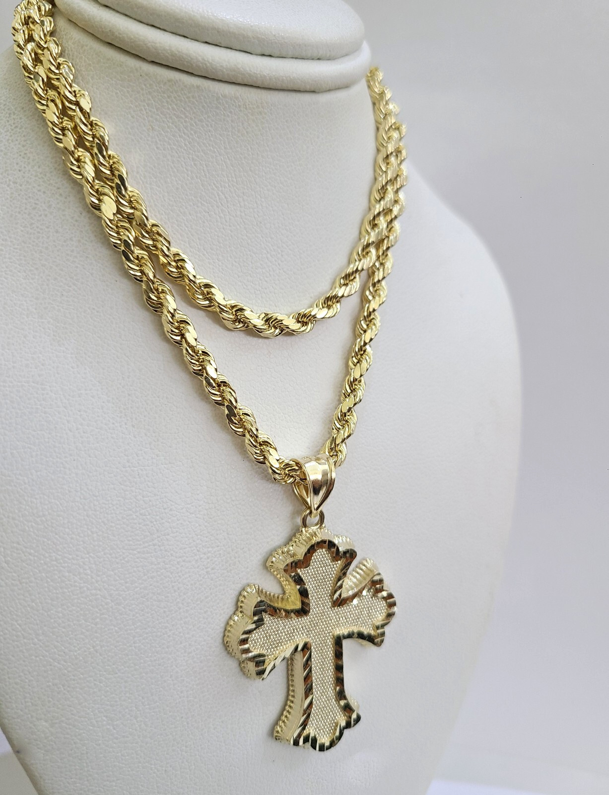 REAL 10k Jesus Roman Cross Charm Rope Chain Pendant 4mm Necklace Set 18″-28″ in