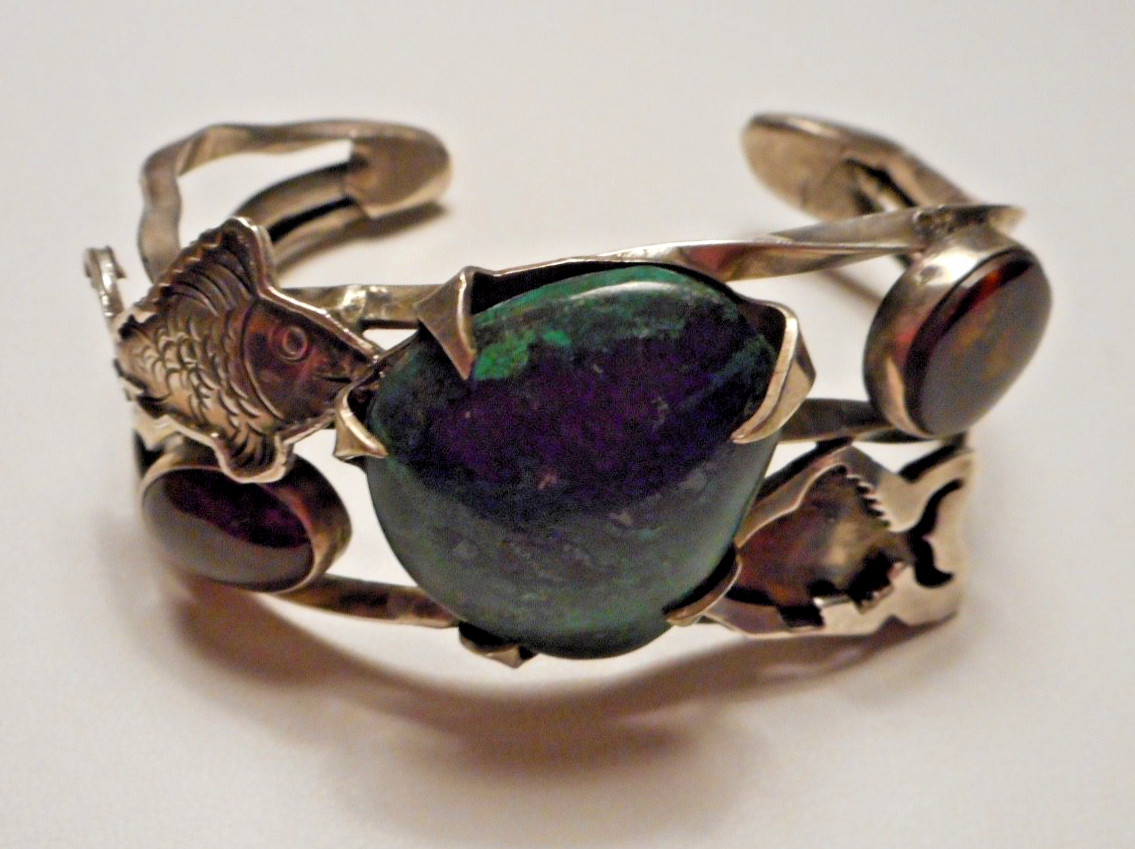 Sterling Artisan Modernist Cuff Bracelet w Chrysocolla Stone & Fish Motifs 49.8g