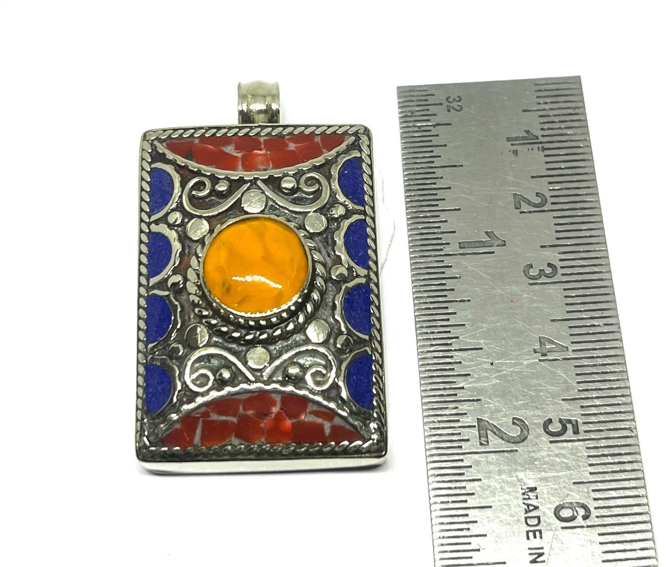 Ethnic Lapis Amber Gemstone Tibetan Traditional Pendant Jewelry, 2.0 inch