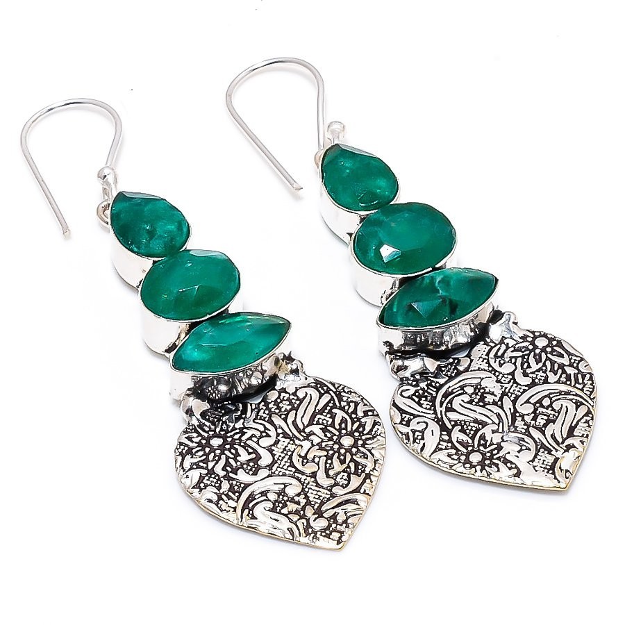 Emerald Earrings 925 Sterling Silver Handmade Heart Dangle Earrings Gift