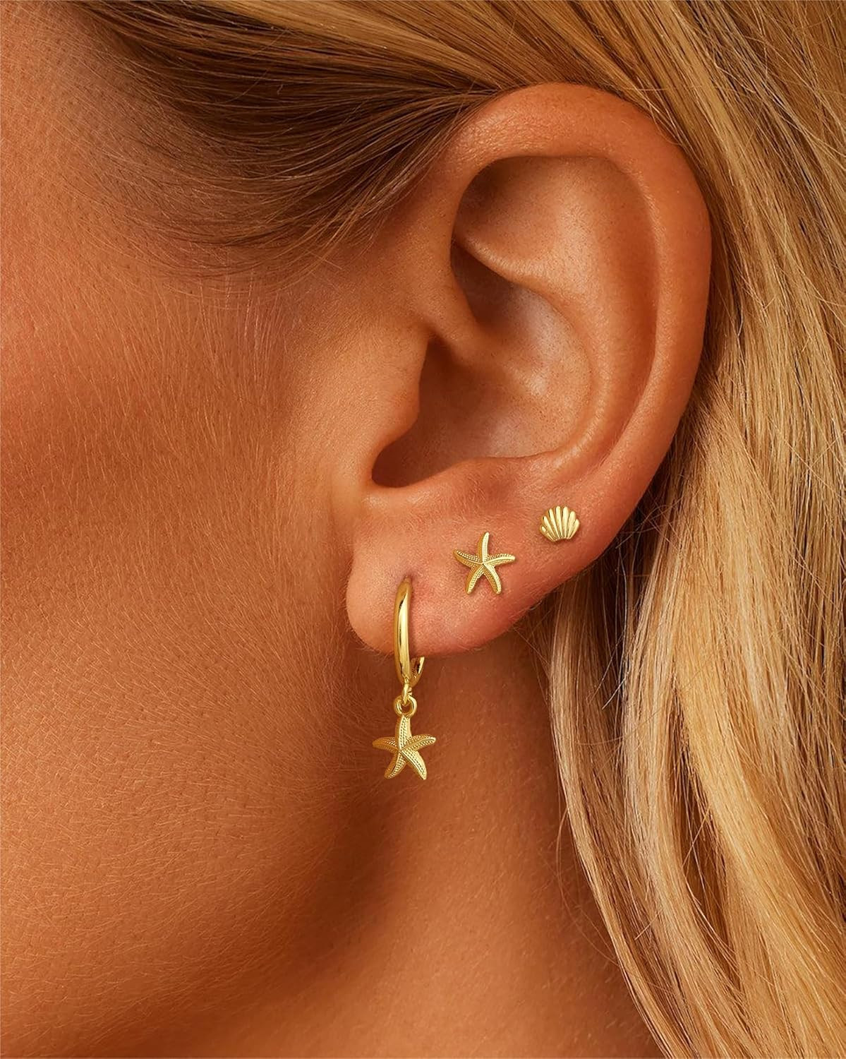 3 Pairs 14K Gold Plated Dangle Earrings Set for Women, Dainty Seashell Starfish