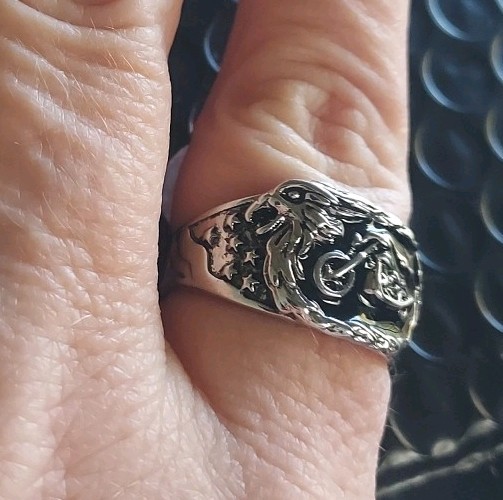 Silver Plated Zinc Eagle And Motorcycle Design Ring Size 10