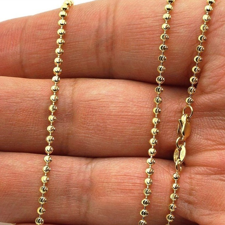 Solid 14K Yellow Gold Half Moon Cut 2mm Bead Ball Chain Necklace 20″-28″