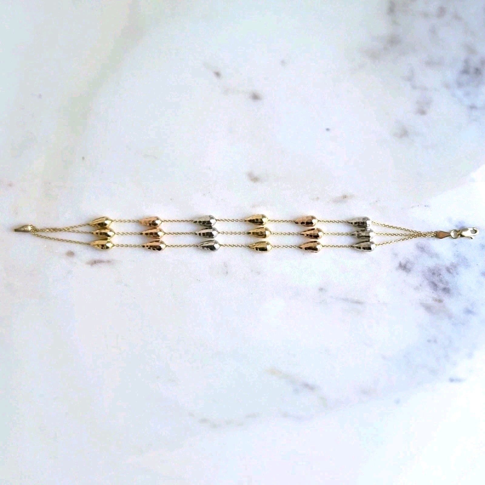 14K Gold Tri-Color Faceted Teardrop Beads Triple Strand Bracelet RARE