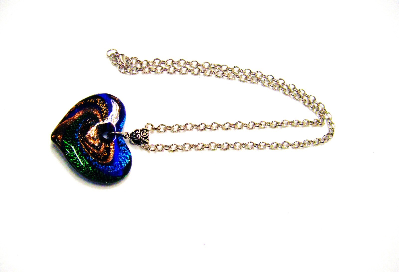 Blue/Green/Gold Dichroic Glass Heart Pendant Necklace