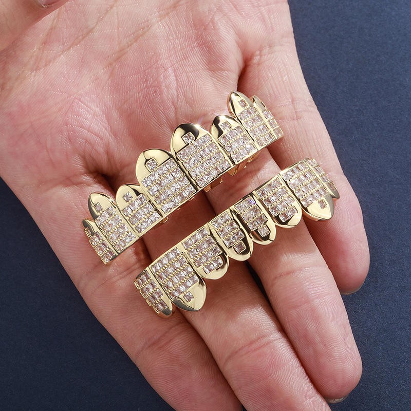 14K GP HipHop Teeth Dental Caps Grillz PrincessCut Grills Set W/ Wax Real CZ