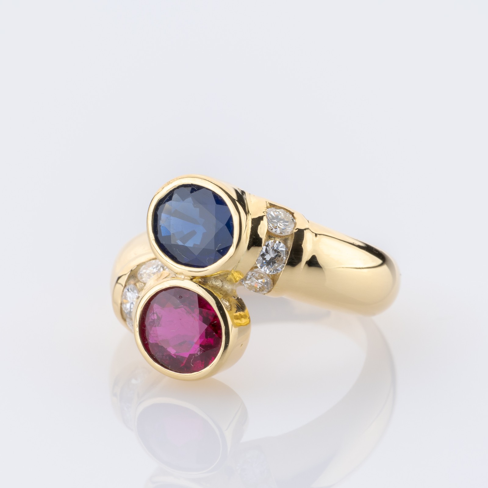 0.70ct Ruby, 0.70ct Sapphire and 0.20ct Diamond Ring in 18K Yellow Gold