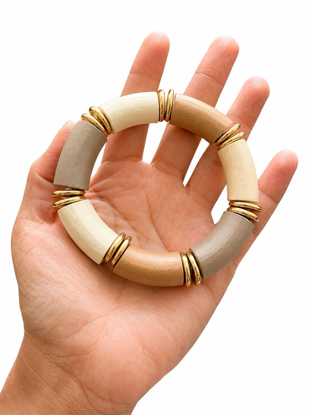 Chunky Color Block Stretch Round Bangle Bracelet Beige Gray Gold Tone