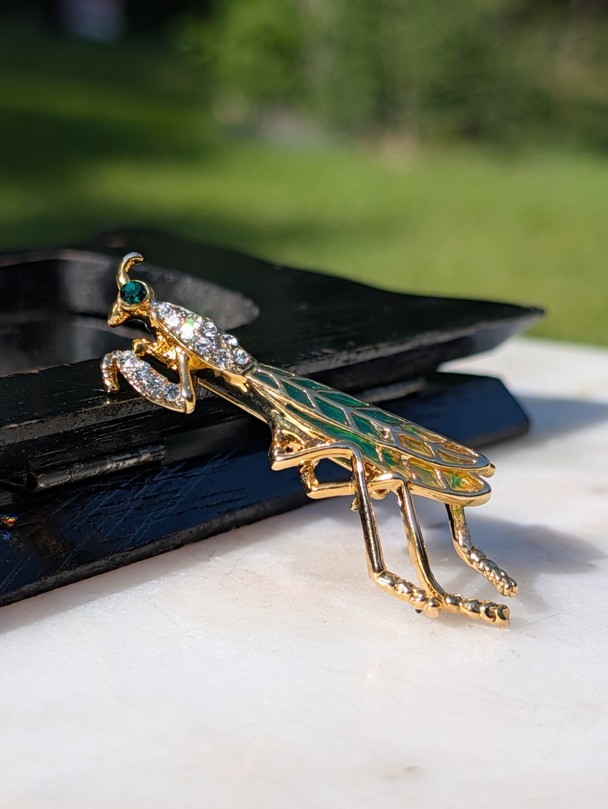 Vintage Style Enamel Praying Mantis Brooch Gold Tone Rhinestone Insect Pin