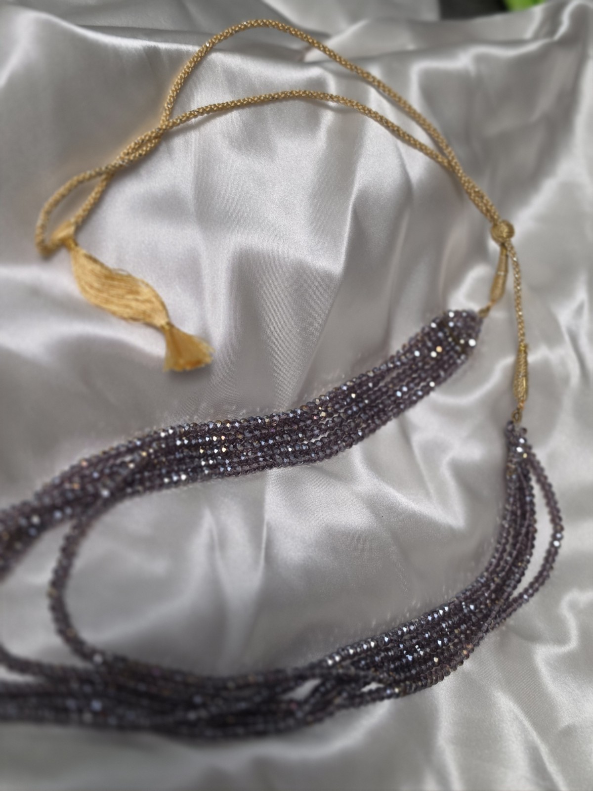 Purple Multi-Strand Beaded Glass Necklace, Round Beads, Adjustable Cord