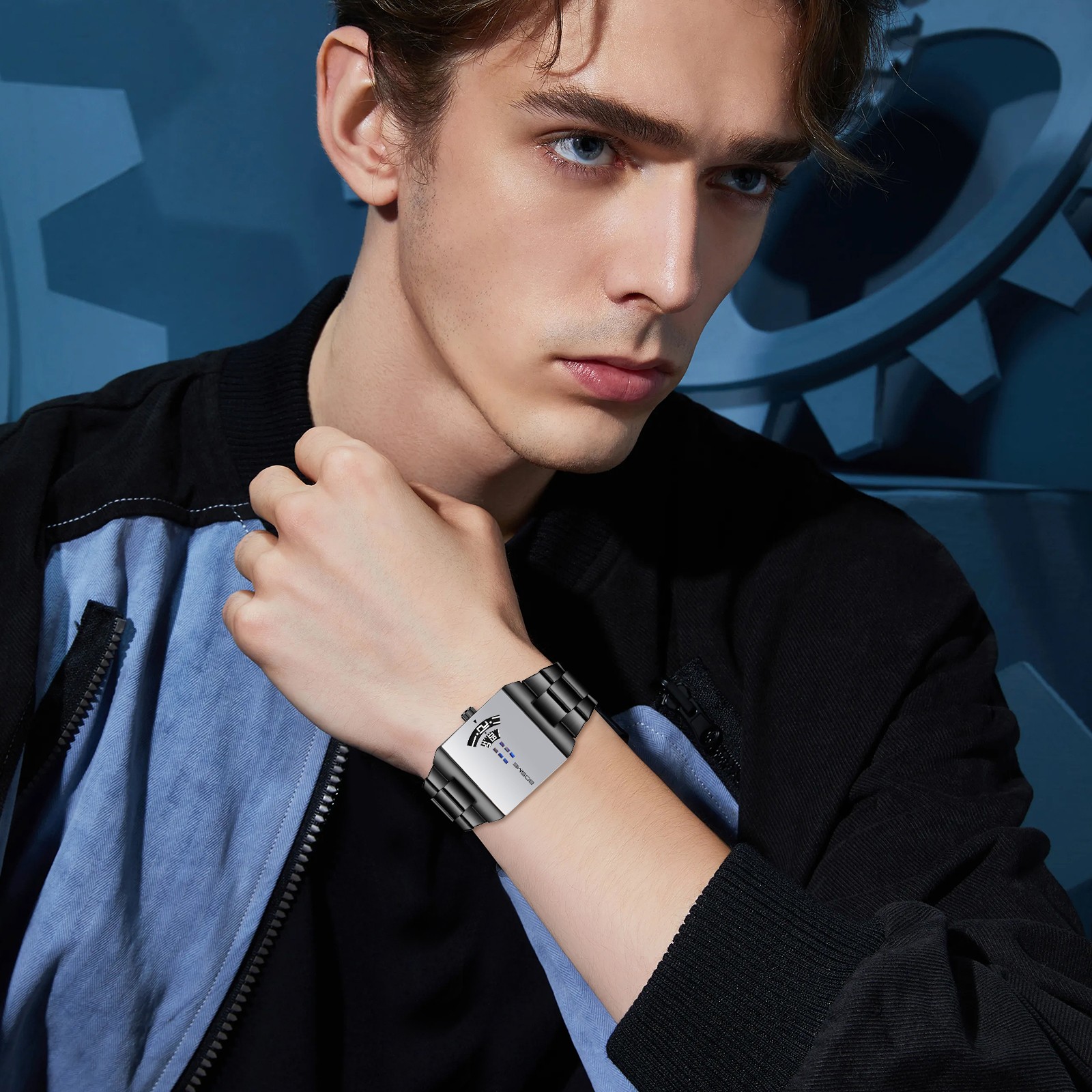 Men’s Steampunk Stainless Steel Square Wrist Watch No-Hand Jumping Hour Display