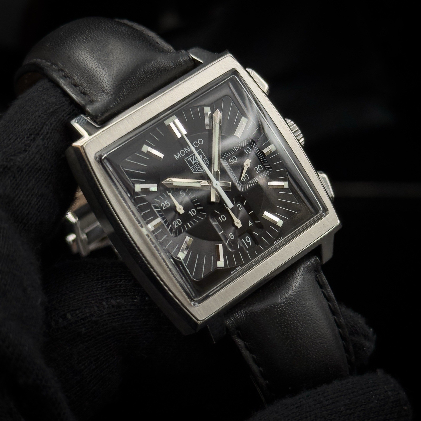Tag Heuer MONACO Black Dial Chronograph CW2111 Stainless Steel Leather Strap