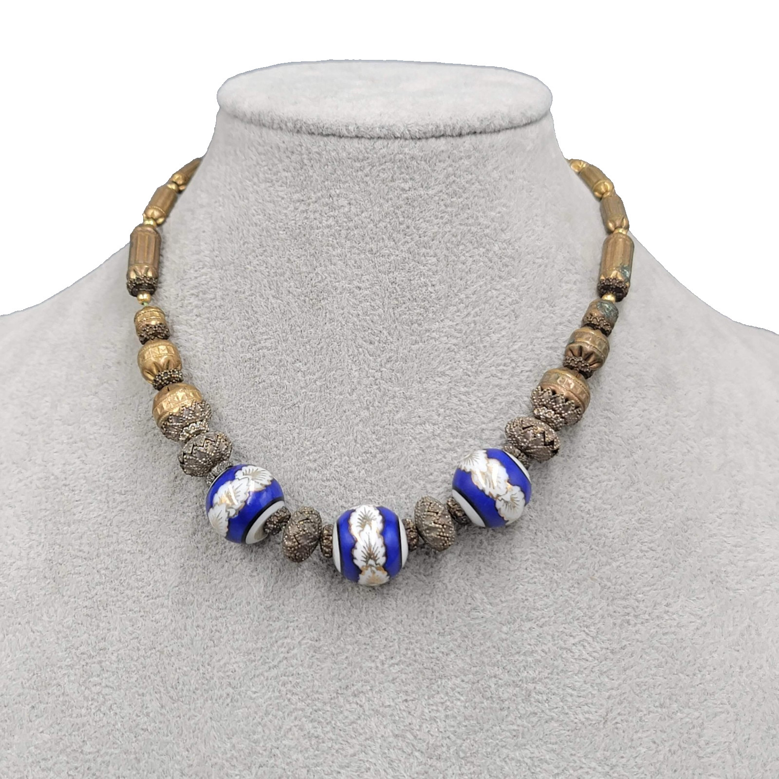 Antique Necklace Enamel Ceramic Filigree 15 in