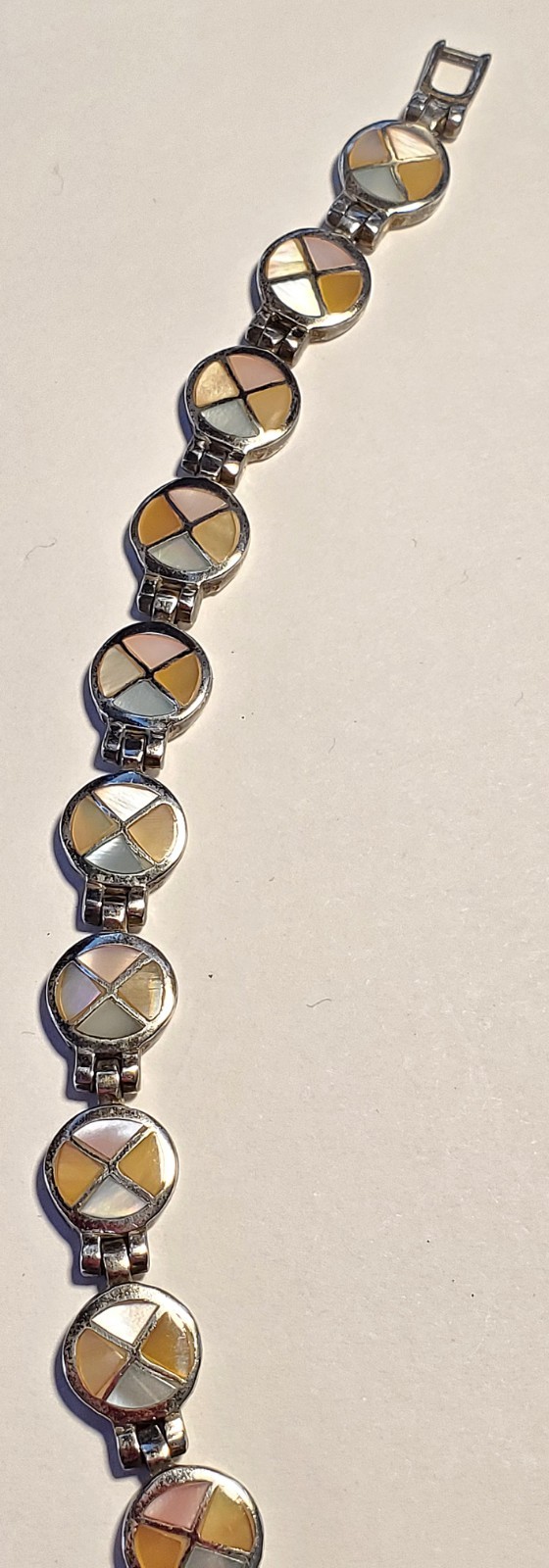 Vintage Bracelet, Sterling Silver & Shell, Artisan Made, 8 Inches Long