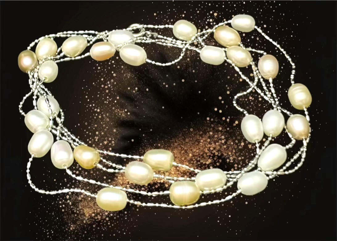 Natural Baroque White & Cream Pearl Necklace Chain Station Flapper Dainty 47″L