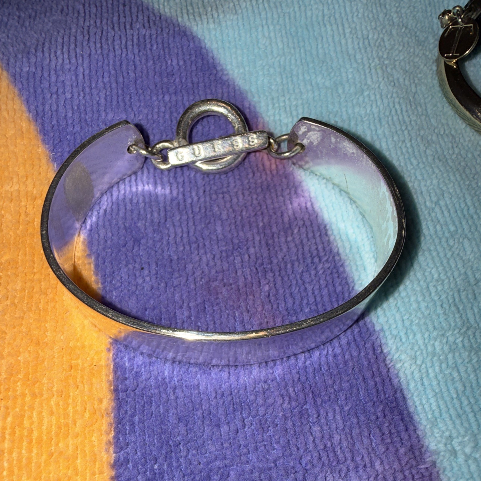 GUESS Silver Tone Signed Metal Toggle Bangle Bracelet, No Stone