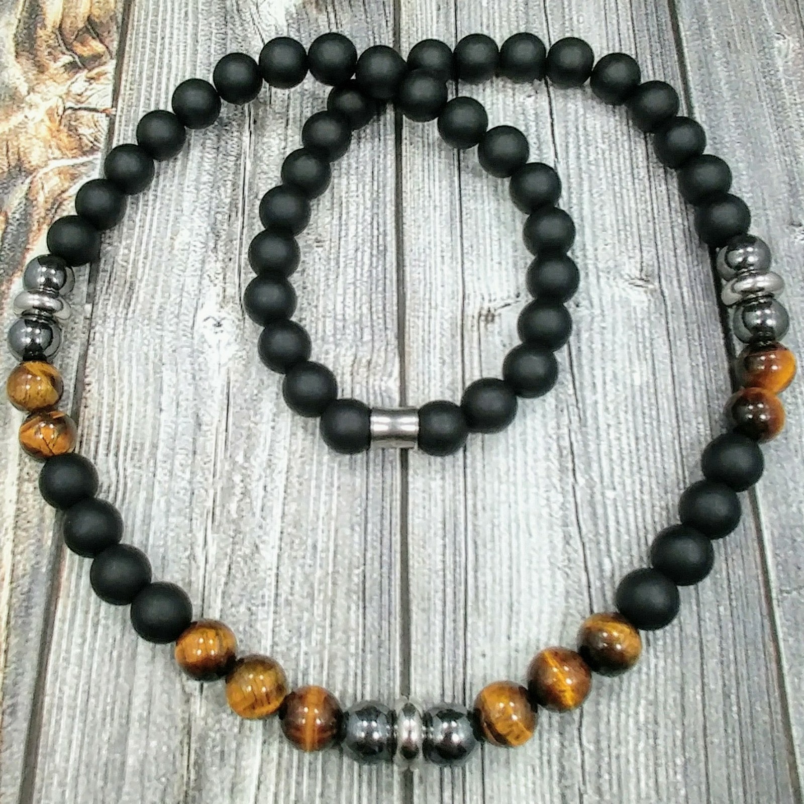 24″L STAINLESS STEEL 10mm Tigers Eye+Onyx+Hematite Gemstone Beaded Mens Necklace