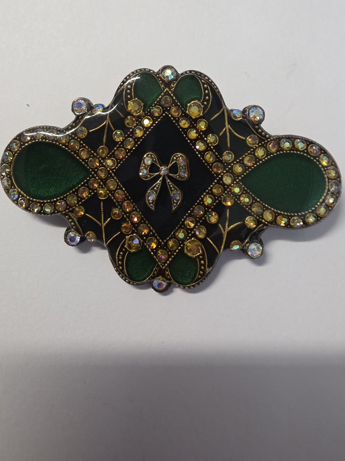 Vintage Catherine Popesco France Green Black Enamel Bow Brooch Art Deco