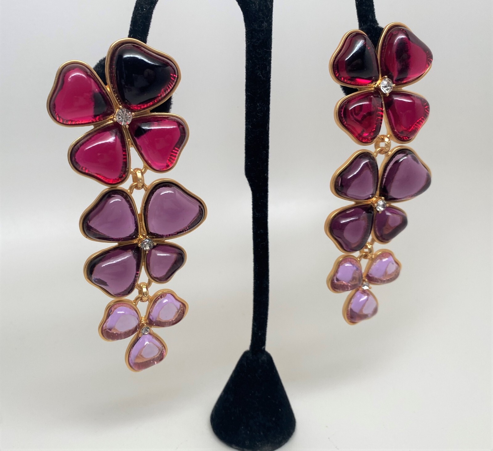 Vibrant Red, Purple & Pink Glass Cabochon Gold Plated Clip on Long Earrings