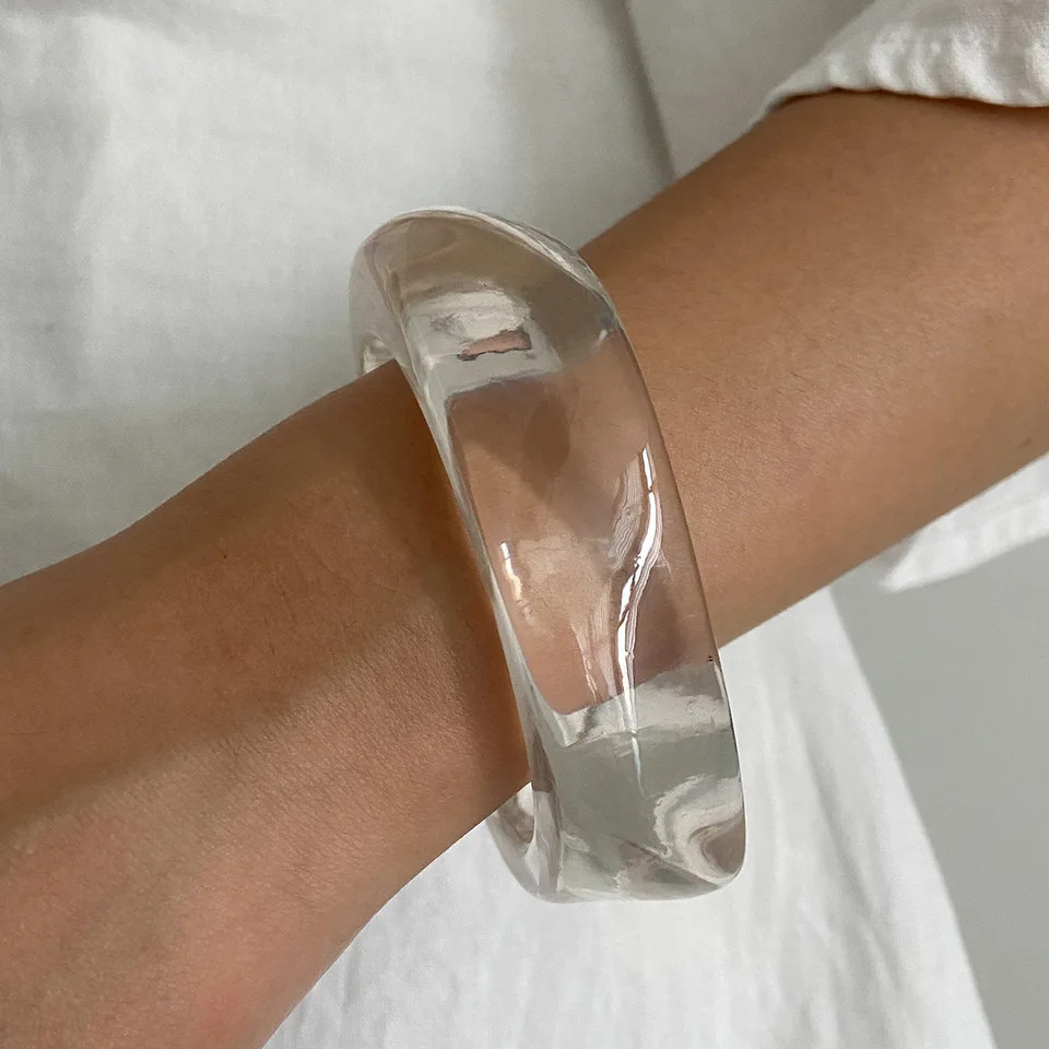Acrylic Resin Cuff Bangle Women Silver Tone Geometric Round Layered Jewelry