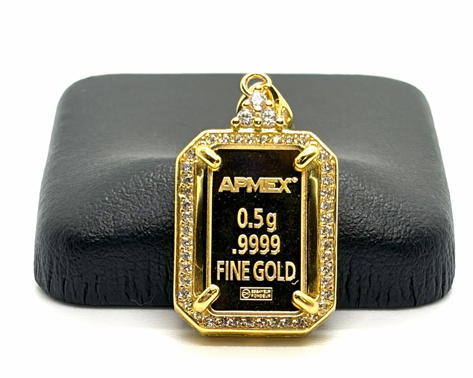 APMEX 24K Pure Gold Ingot 0.5g Pendant 925 Sterling Silver Gold Plated CZ Frame