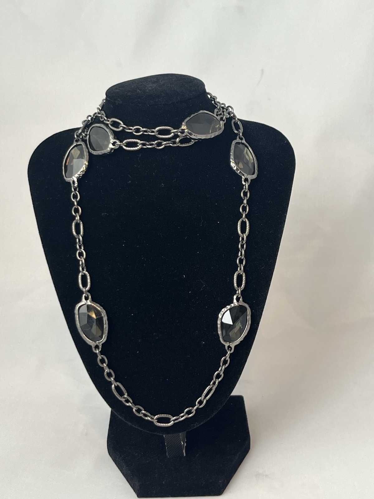 Chicos Long Silver Tone Chain With Black Glass Beads