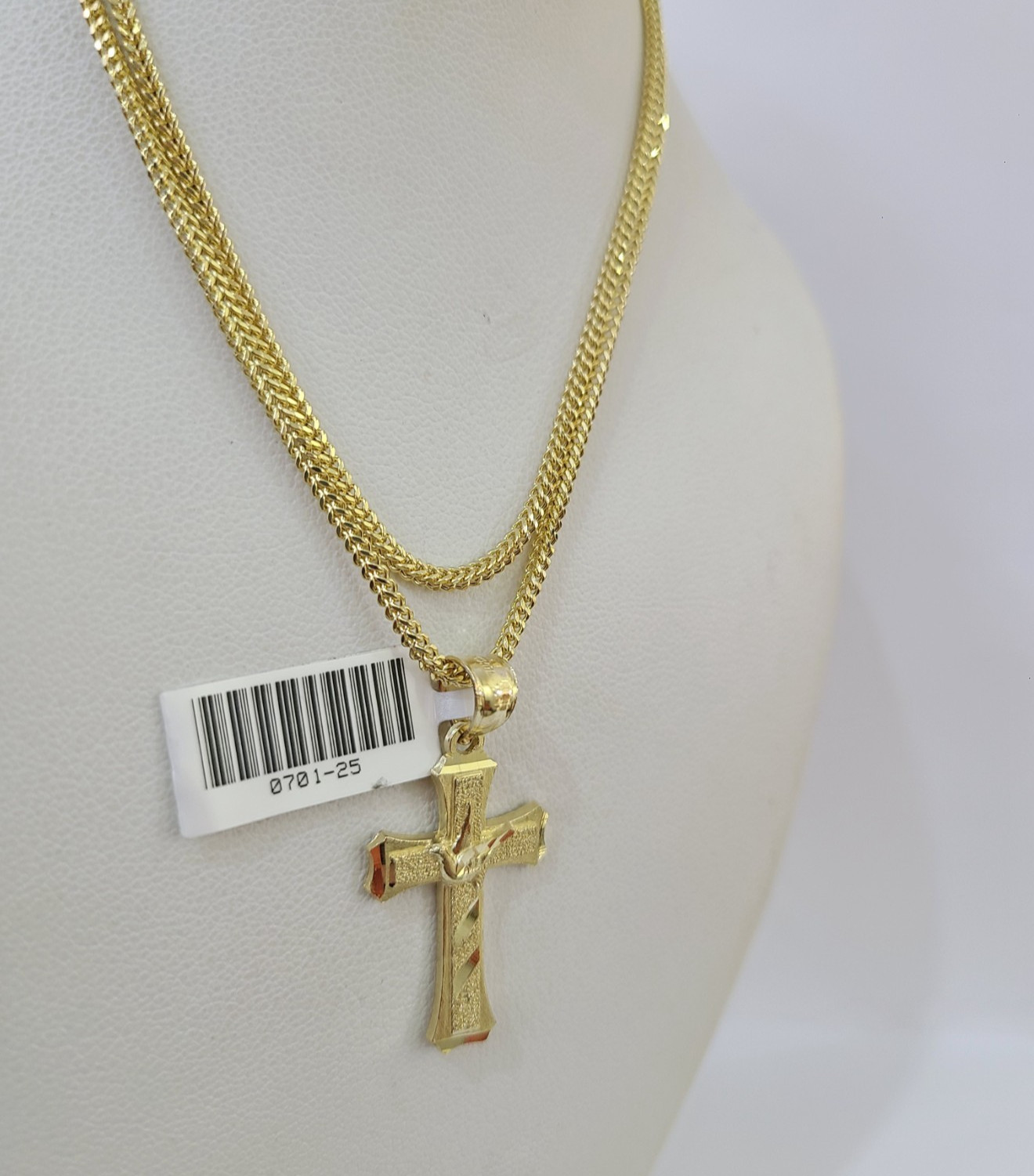 Real 10k Yellow Gold Franco Chain Jesus Cross Pendant Charm 2mm Necklace
