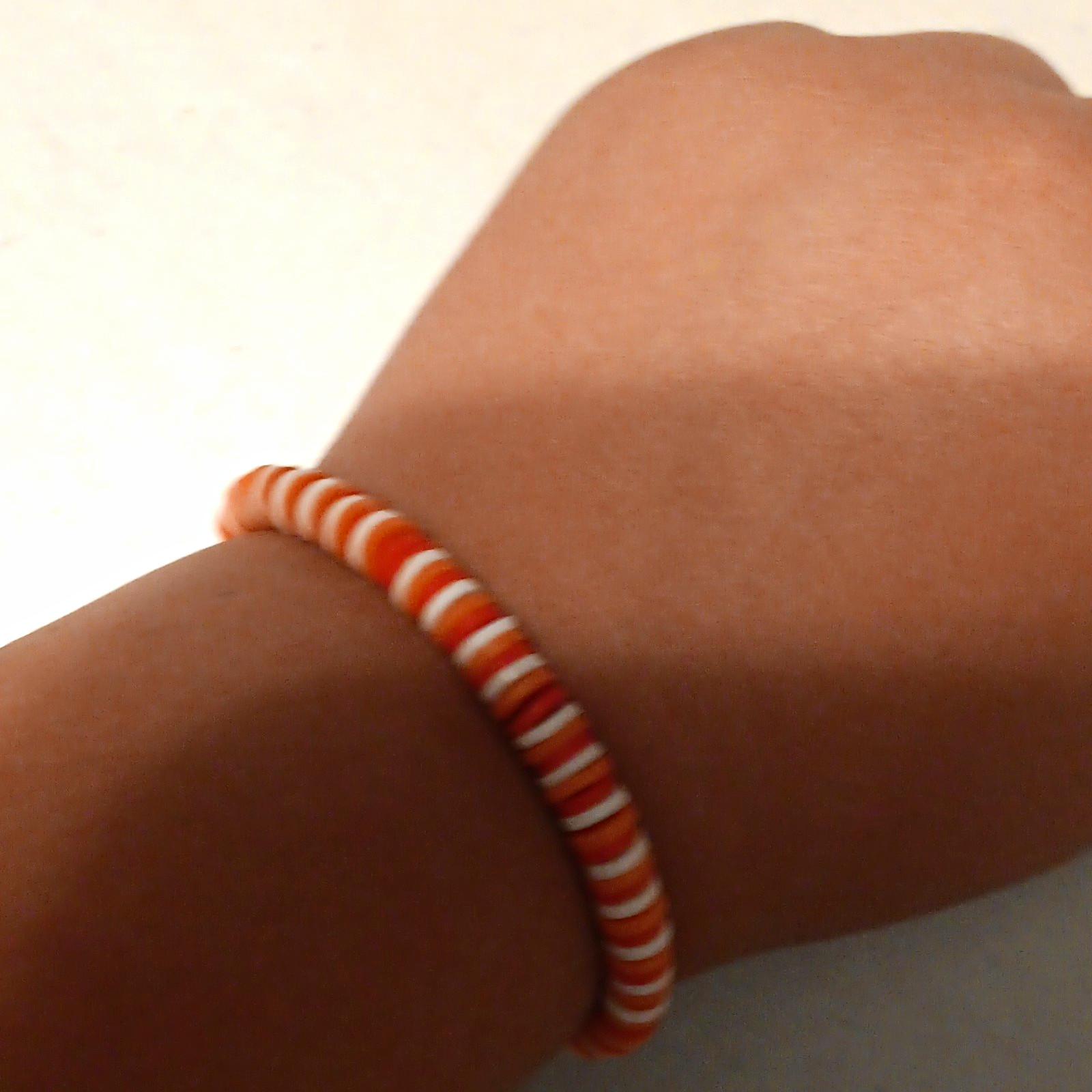 Orange & White Plastic Round Beaded Bracelet, Stretch Elastic, No Stone