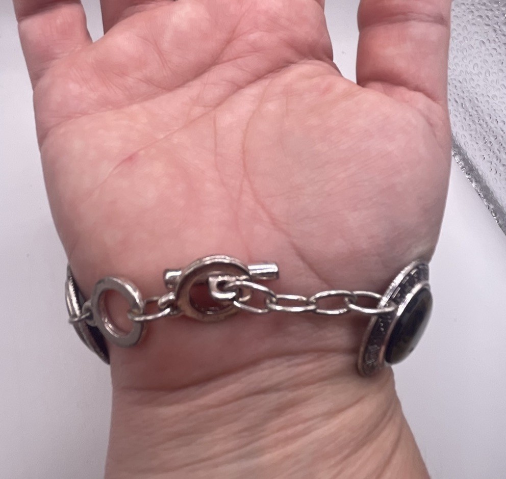 Vintage Silver Tone Abalone Shell Greek Key Link Bracelet Boho Hippie Jewelry 8”