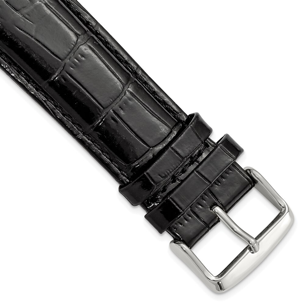 24mm 7.5″ Black Crocodile-Style Leather Chrono Silver-tone Buckle Watch Band