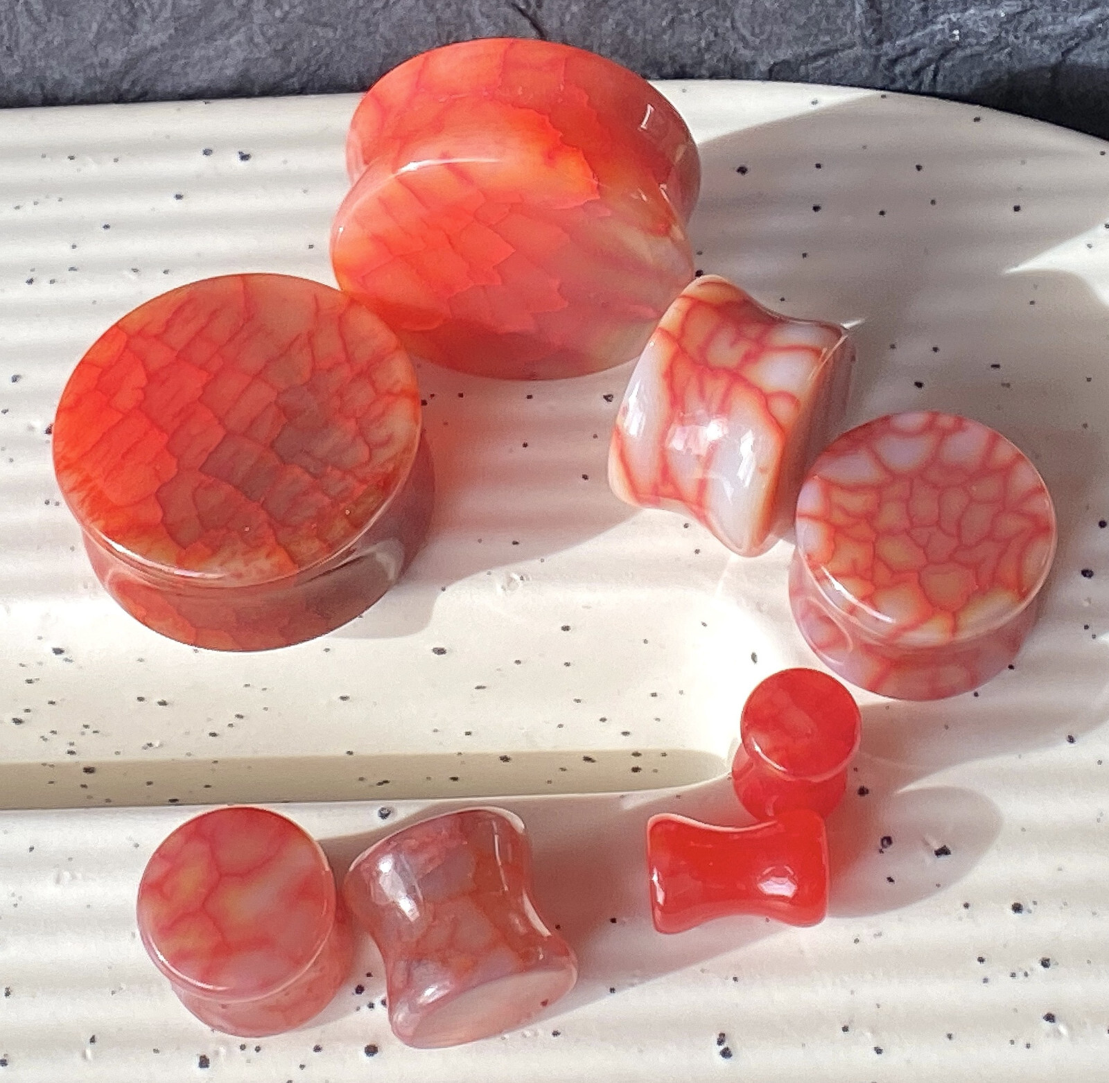 PAIR Red Dragons Vein Agate Stone Double Flare Plugs Organic Earlets Gauges