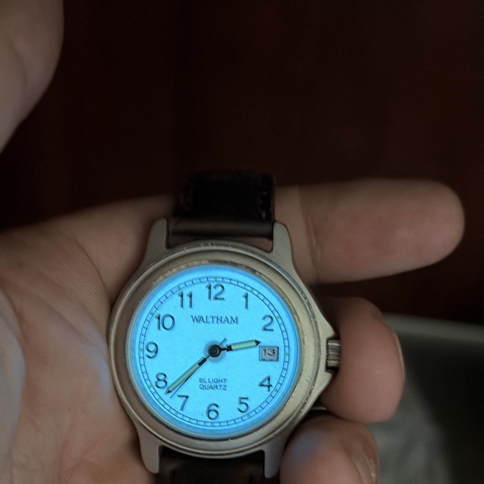 Waltham EL Light Quartz Analog Date Lume White Dial Brown Leather Strap