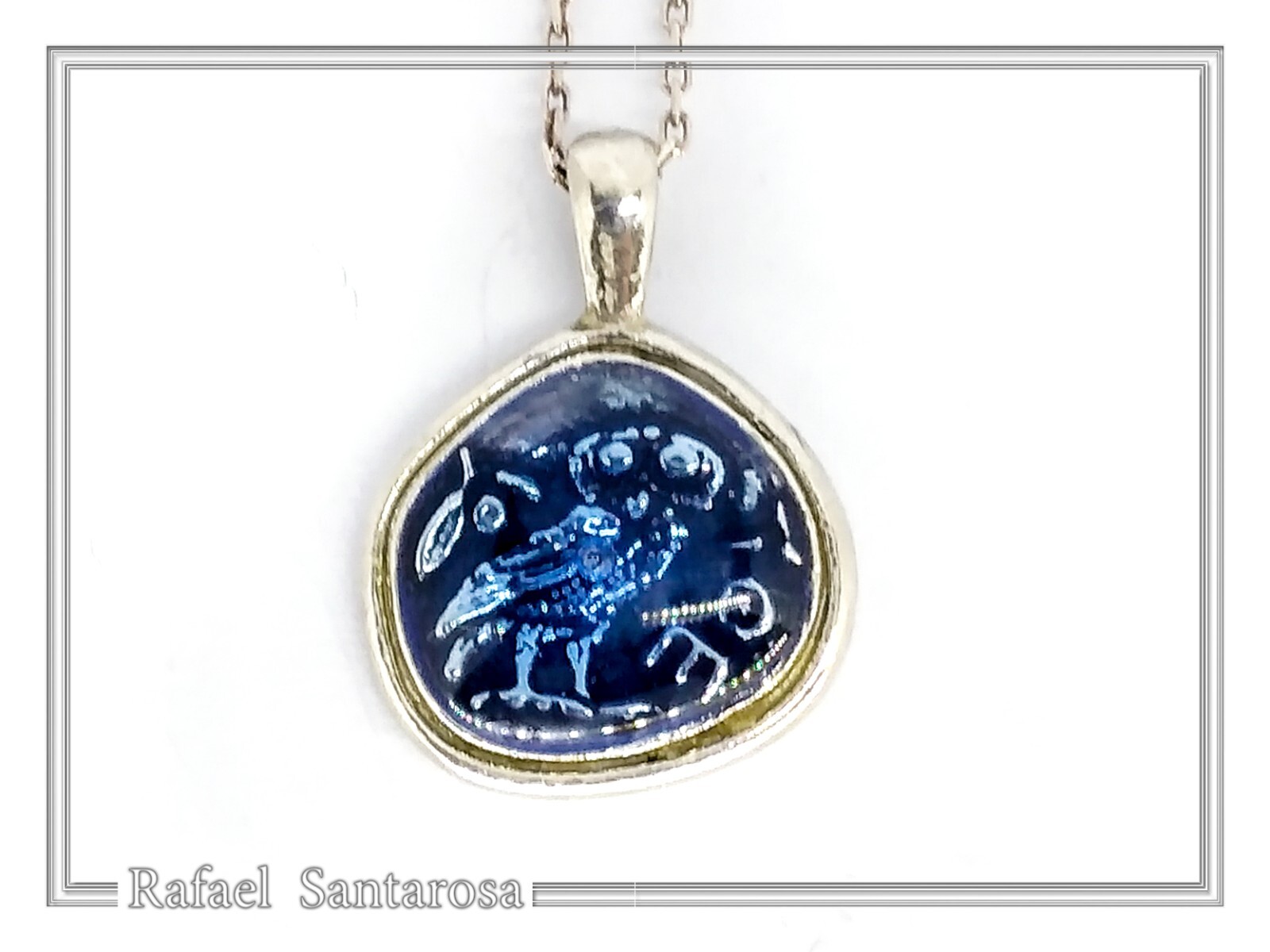 Owl coin pendant enamel oxidized silver Athena’s tetradrachm museum replica