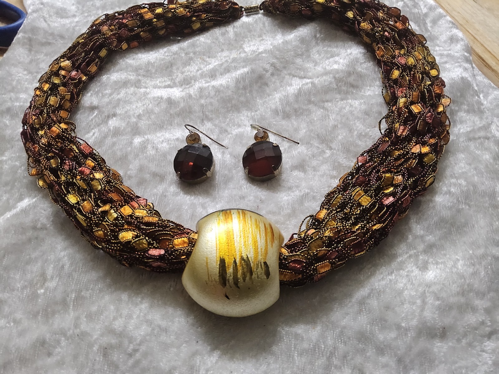 Copper Gold Crochet Necklace Pendant & Earrings