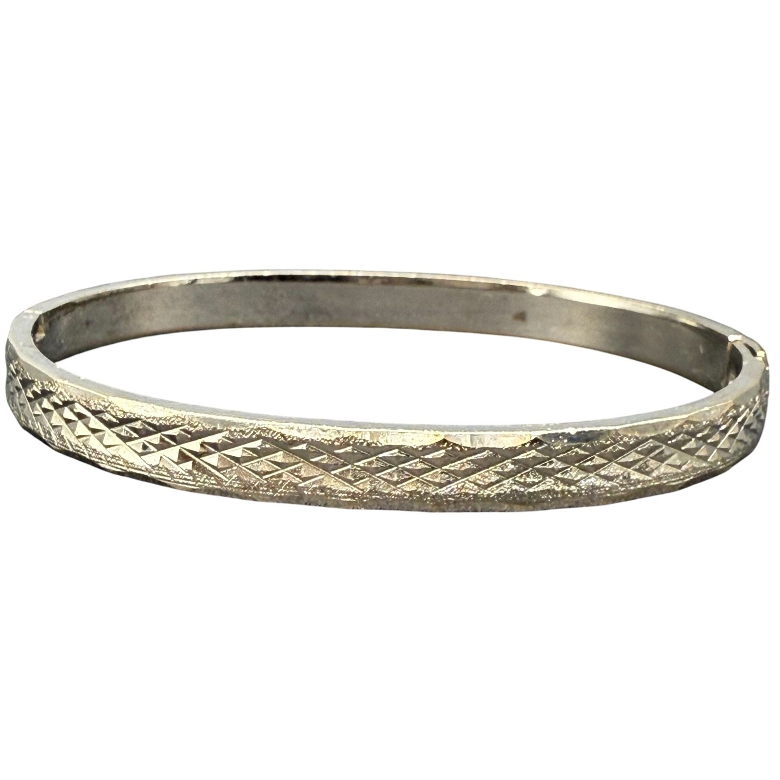 Textured Diamond Shape Pattern Hinged Bangle Bracelet Silver Tone VTG