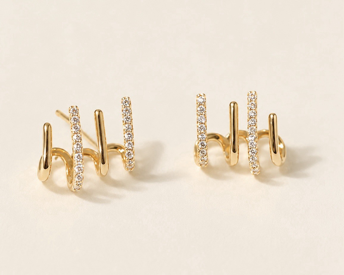 Wave Stud Earrings, CZ Ear Cuff Style Earrings, Modern Curved Line Earrings,051