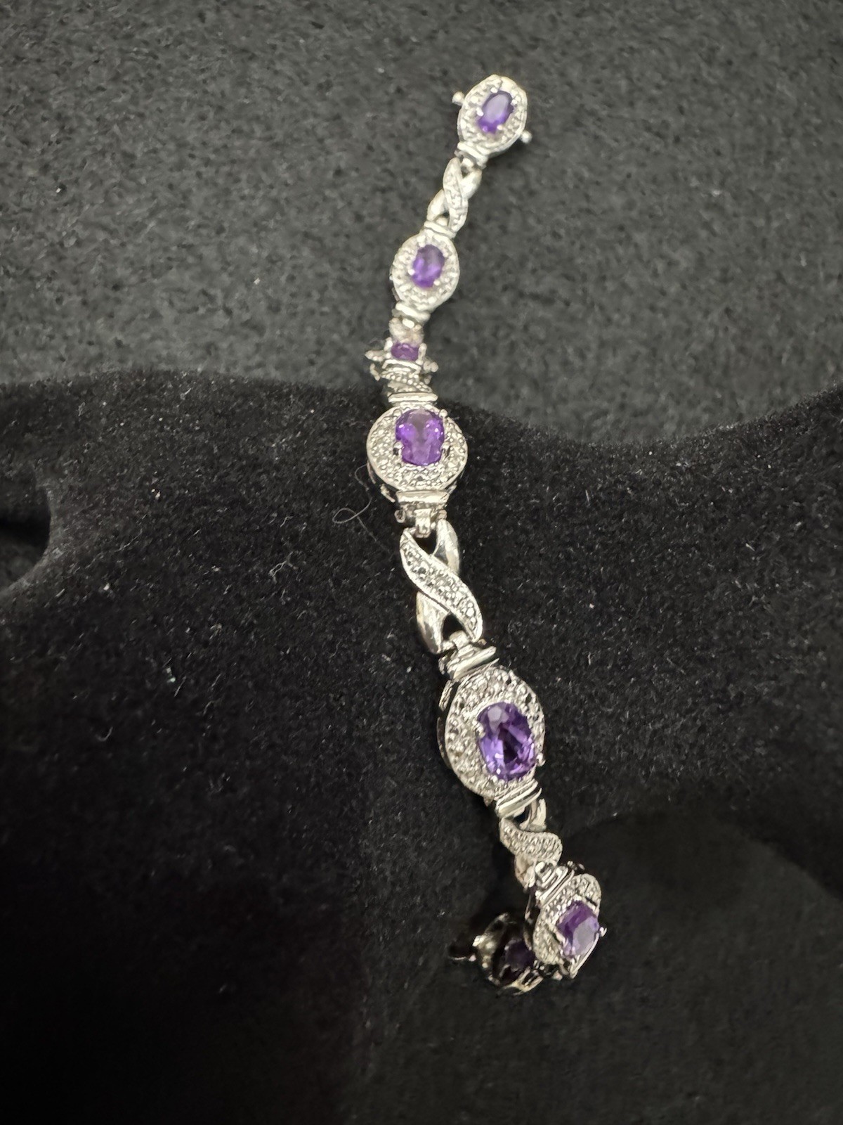 Silver Tone Amethyst Oval Halo Tennis Link Bracelet Toggle Closure 7.5 “