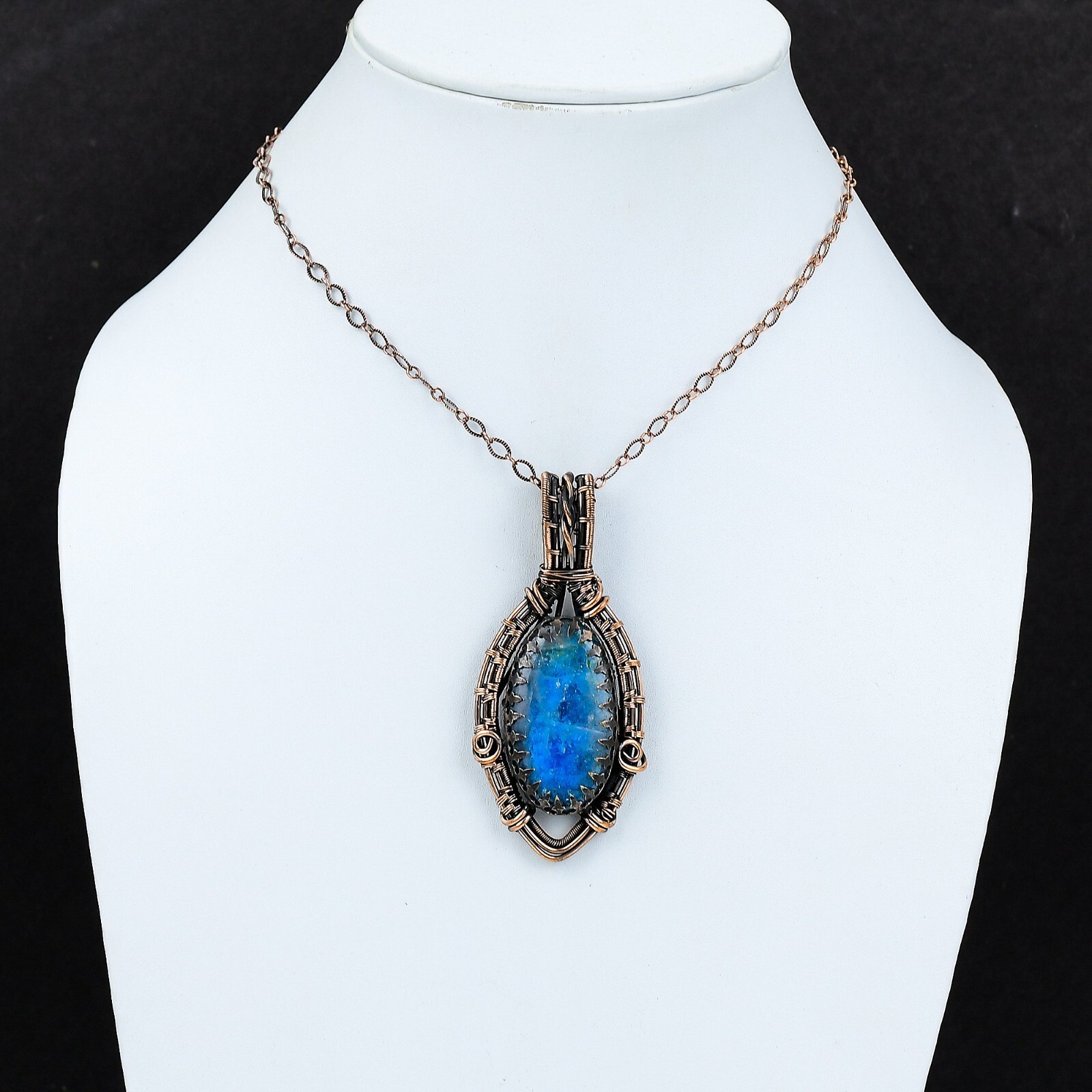 Neon Blue Apatite Handmade Gemstones Copper Wire Wrap Wedding Pendant Jewelry
