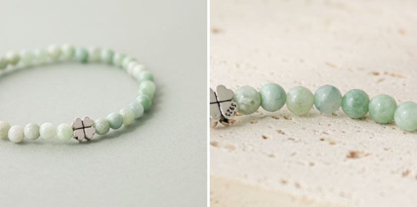 Natural Jadeite Bracelet 4mm 925 Silver Four Leaf Clover Lucky Talisman Beads