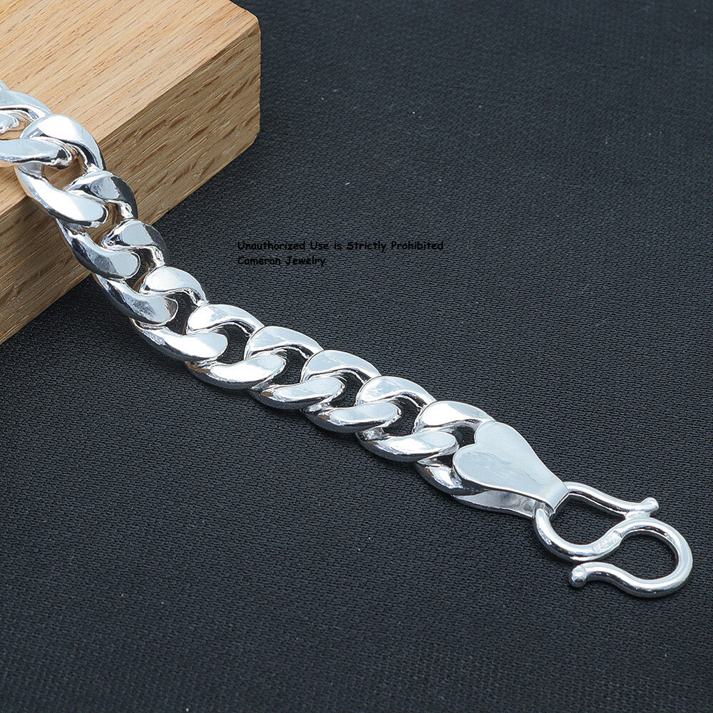 Solid S999 Fine Silver Chain Men 12mm Cuban Curb Link Bracelet 60-61g 8.26in