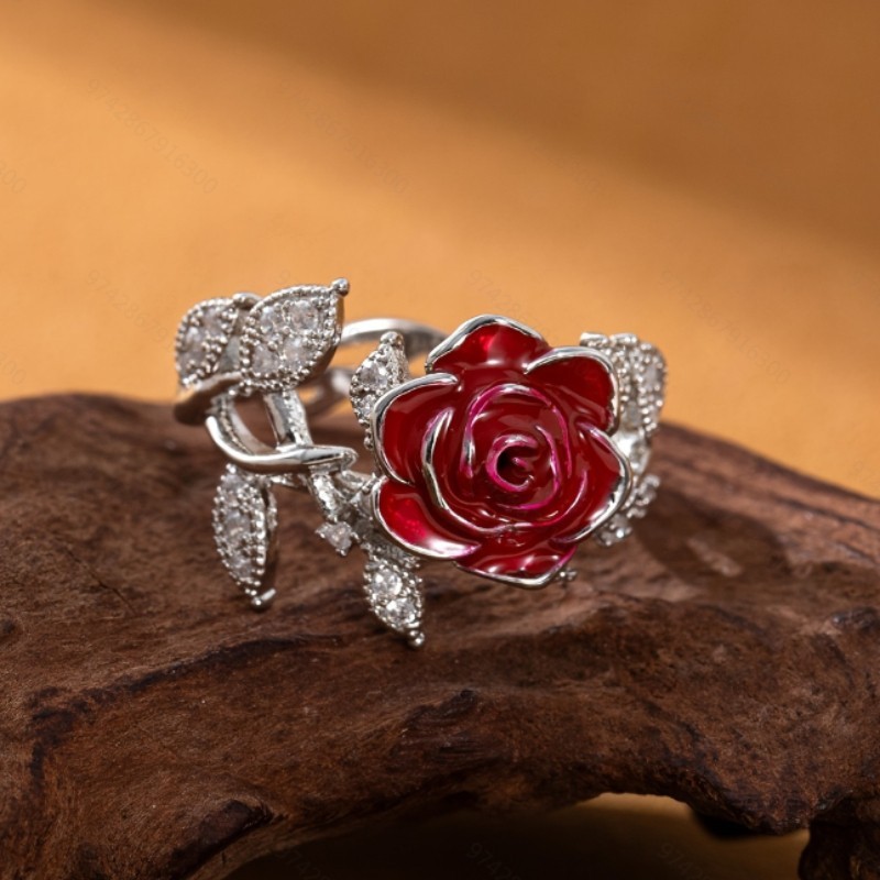 Red Rose Flower Ring Zircon Crystal Floral Statement Jewelry Gift for Women