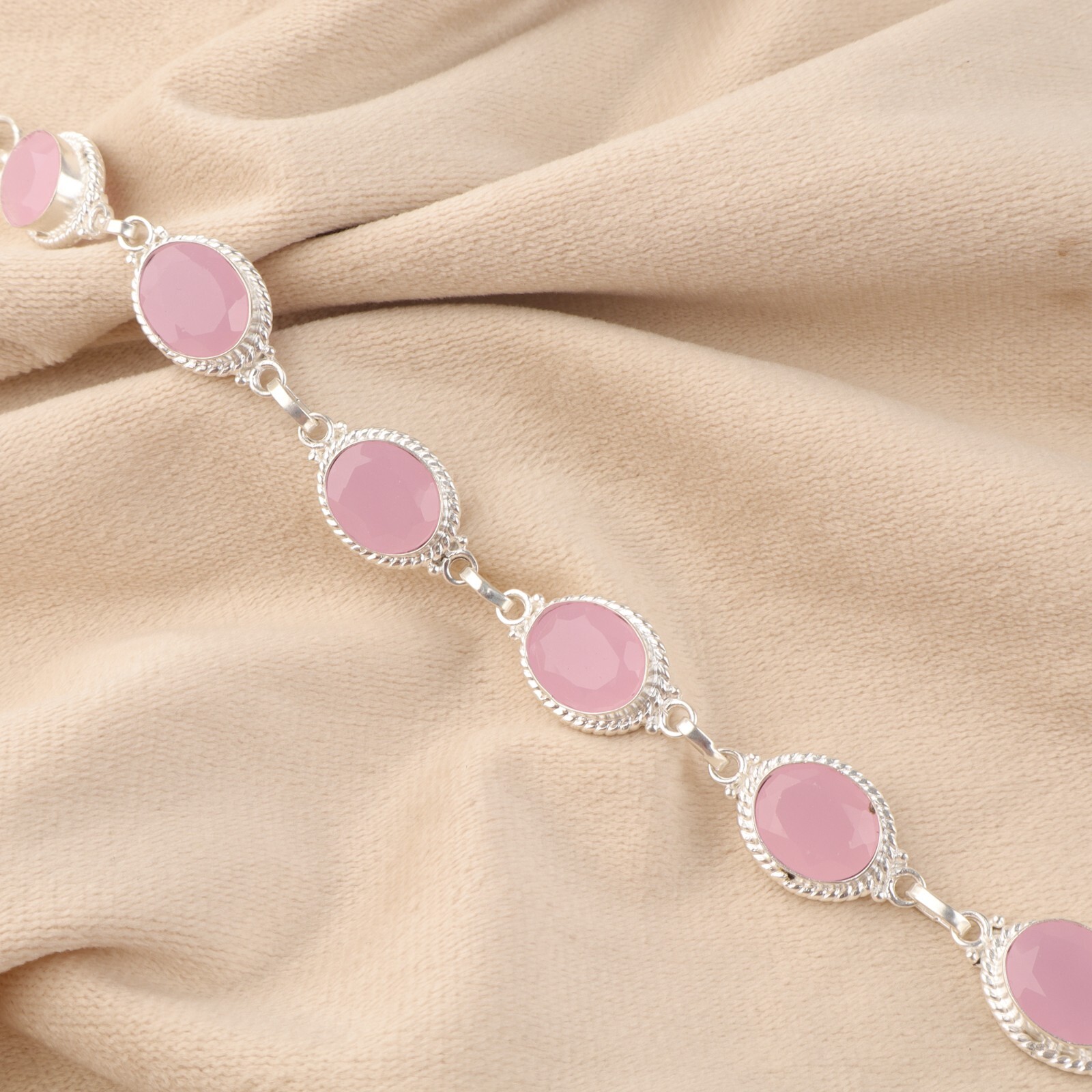 Natural Rose Chalcedony Gemstone Chain Pink Bracelet 925 Sterling Silver Jewelry