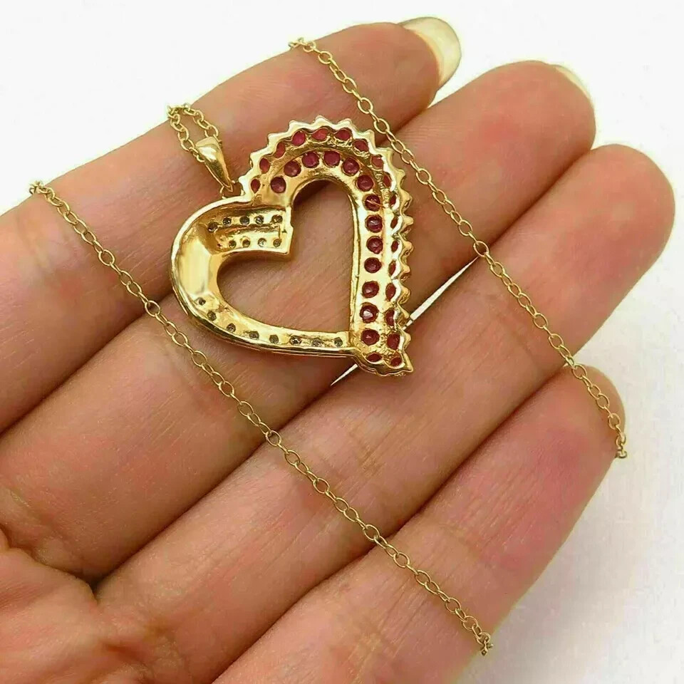 2Ct Round Cut Red Ruby & Diamond Heart Pendant 14K Yellow Gold Finish Free Chain