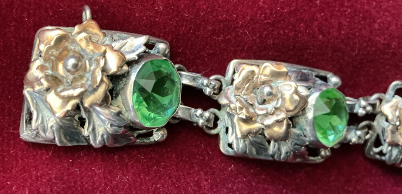 Signed Hobe 40’s Sterling Silver 1/20 14K Gold Floral Link Bracelet Green Glass
